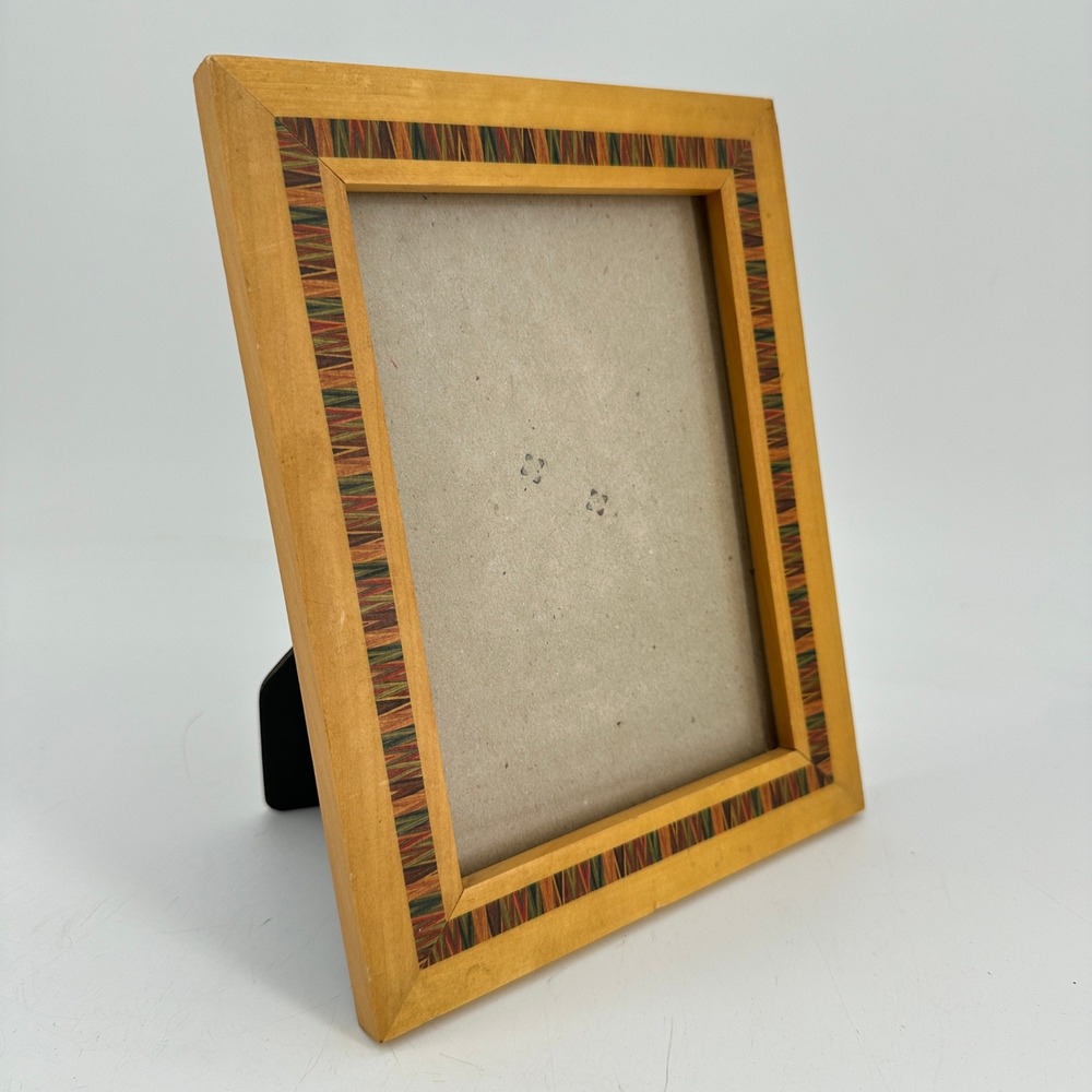 Wooden Picture Frame with Multi-Color Geometric Inlay Border Honey Tone